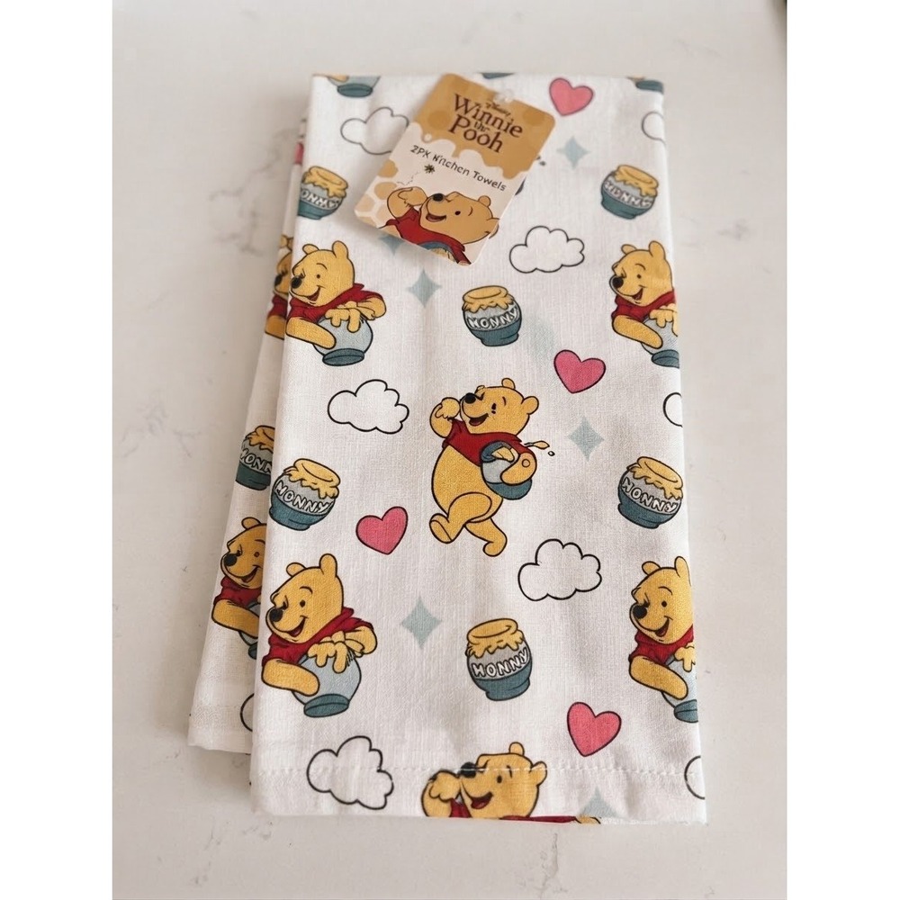 Disney Winnie the Pooh Kitchen Towels 2 Pack White Honey Pot Heart Print NWT